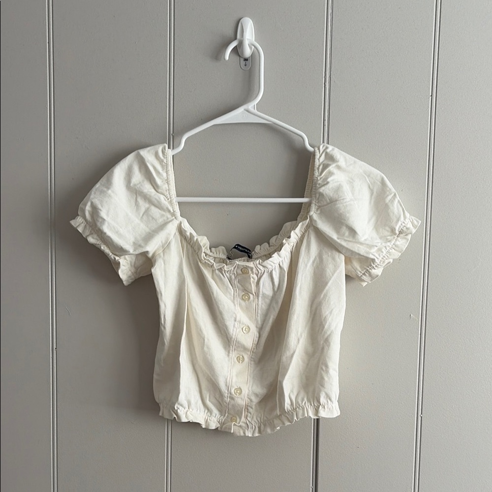 Brandy Melville Cream Button-Front Puff Sleeve Top